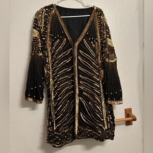 Black and Gold Beaded Long Jacket